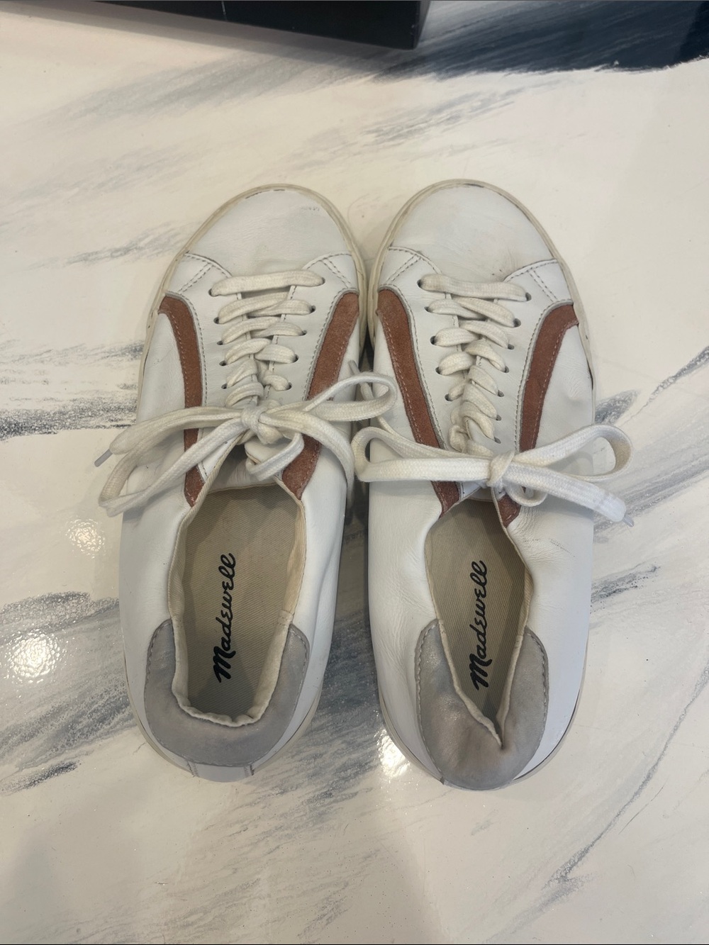 Madewell White Leather Sneakers with Tan Stripe